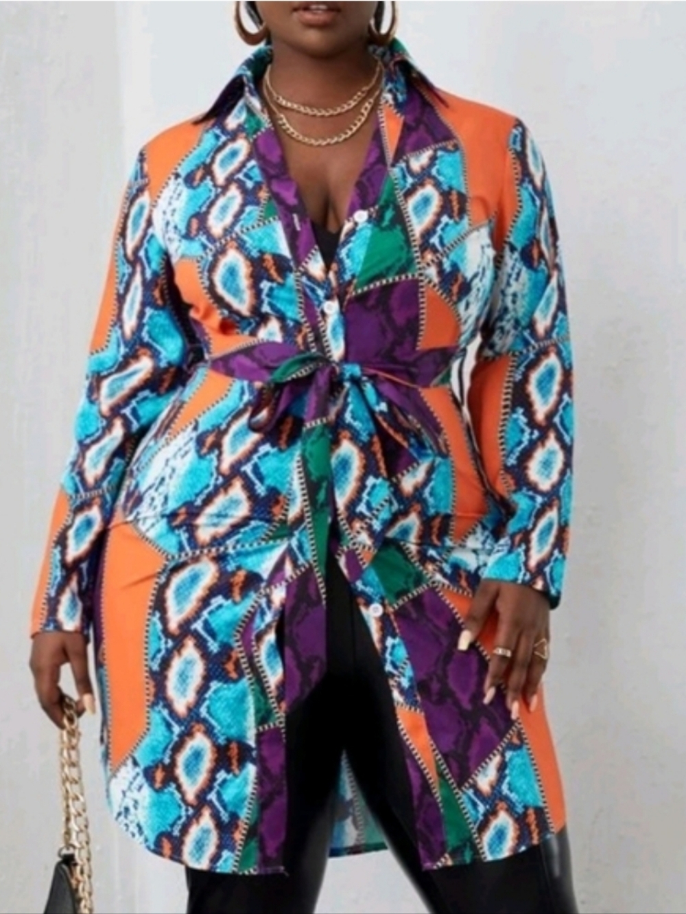 SHEIN Multicolor Patchwork Long Sleeve Tie-Waist Dress Shirt